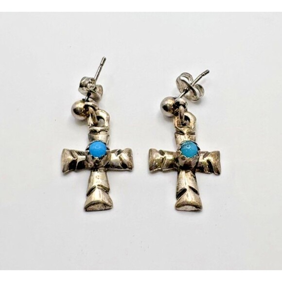 Vintage Sterling Silver Native American Turquoise Cross Earrings Not Polished - Picture 4 of 9